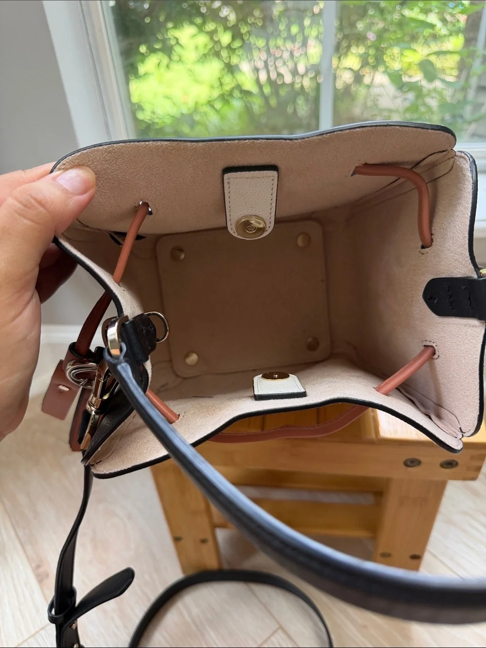kate spade White Leather Bucket Crossbody with Tan Trim and Black Strap
